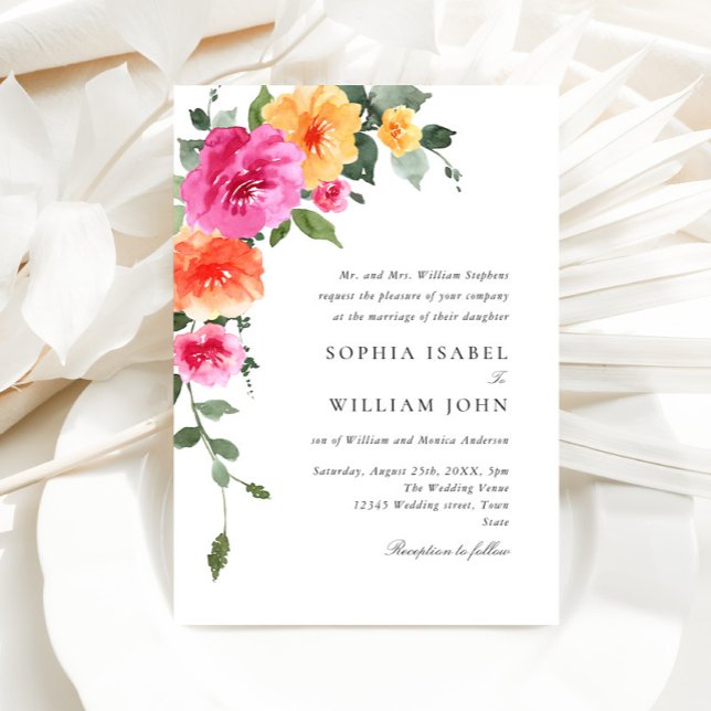 Watercolor Bright Pink Orange Flowers Wedding Invitation (Creator Uploaded)