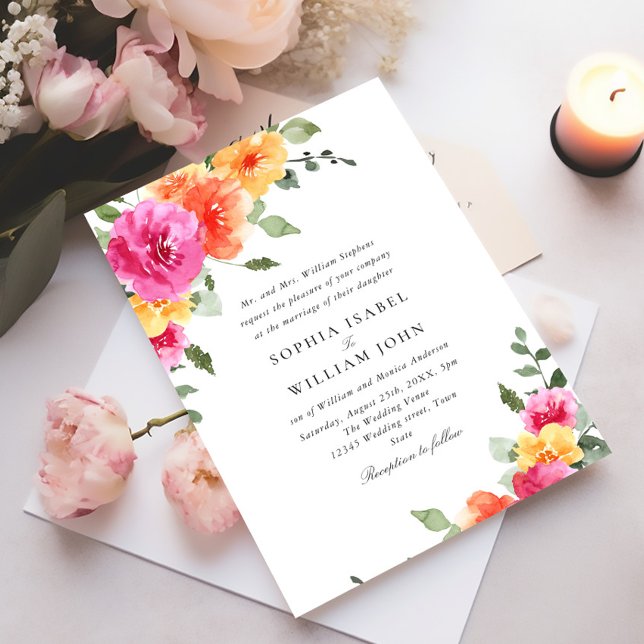 Watercolor Bright Pink Orange Flowers Wedding Invitation (Creator Uploaded)