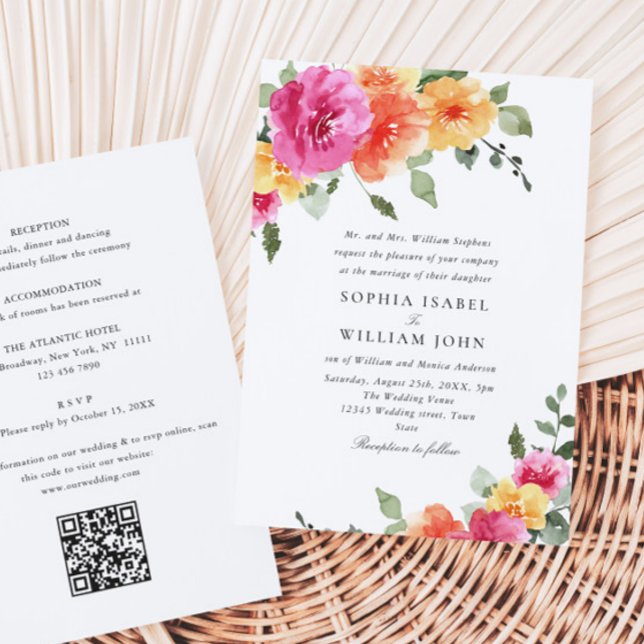 Watercolor Bright Pink Orange Flowers Wedding Invitation (Creator Uploaded)