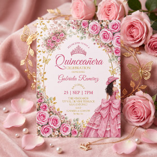 Watercolor Bright Pink Roses Golden Quinceañera Invitation