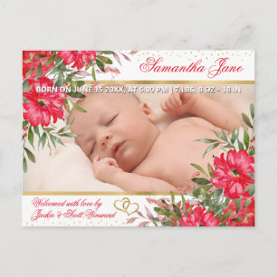 Watercolor Bright Pink Summer Flowers Baby Birth Announcement Postcard