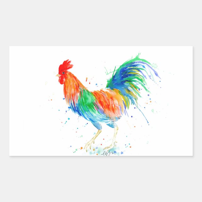 Watercolor Bright Rooster Print Rectangular Sticker (Front)
