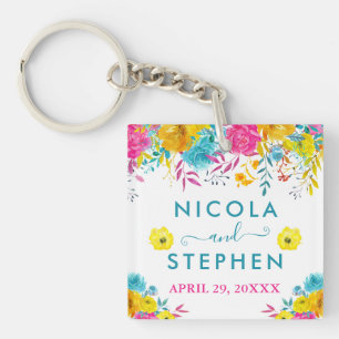 Watercolor Bright Summer Flowers Wedding Key Ring