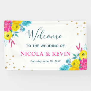 Watercolor Bright Summer Flowers Wedding Welcome Banner