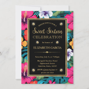 Watercolor Bright Tropical Preppy Flowers Sweet 16 Invitation