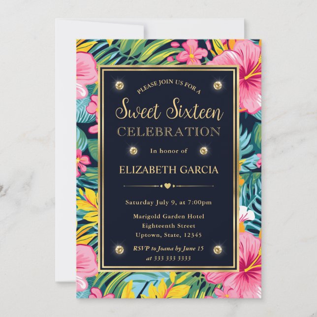 Watercolor Bright Tropical Preppy Flowers Sweet 16 Invitation (Front)