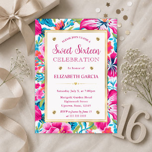 Watercolor Bright Tropical Preppy Flowers Sweet 16 Invitation