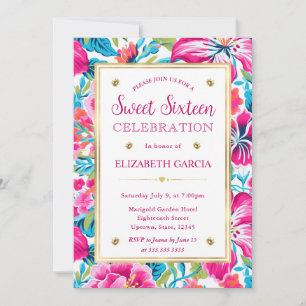 Watercolor Bright Tropical Preppy Flowers Sweet 16 Invitation