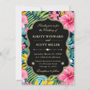 Watercolor Bright Tropical Preppy Flowers Wedding Invitation