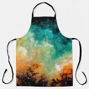 Watercolor Bright Yellow Nebula, Stars and Dark Sk Apron