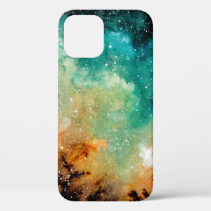 Watercolor Bright Yellow Nebula, Stars and Dark Sk iPhone 12 Case