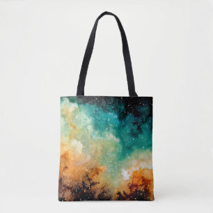 Watercolor Bright Yellow Nebula, Stars and Dark Sk Tote Bag