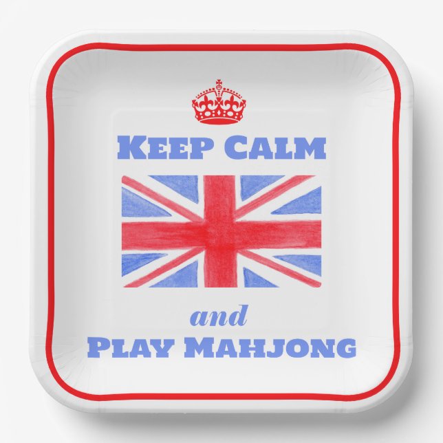 Watercolor British Union Jack Keep Calm Mahjong Paper Plate (Front)