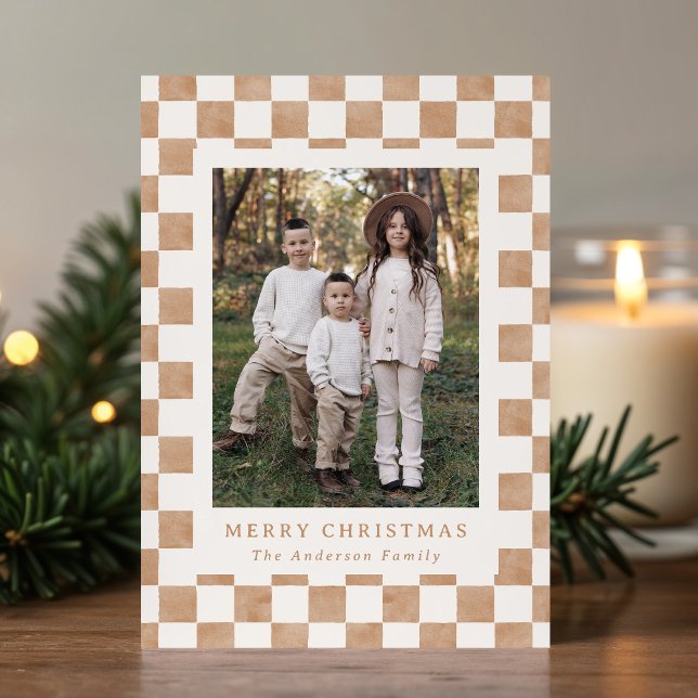 Watercolor Brown and Cream Gingham Christmas Photo Holiday Card (Creator Uploaded)