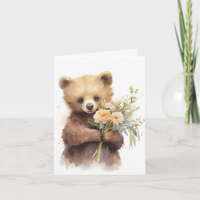 Watercolor Brown Bear With Flowers Note Card (Front)