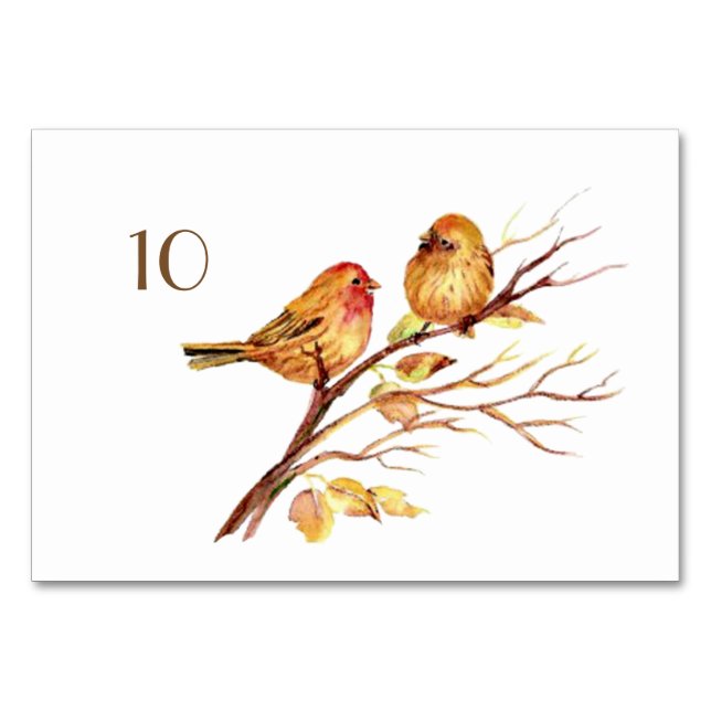 Watercolor Brown Birds Wedding Table Card (Front)