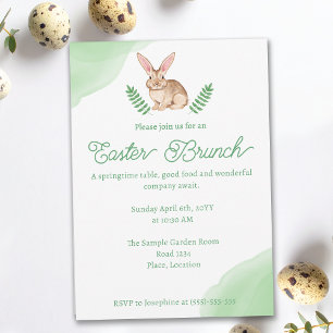 Watercolor Brown Bunny Green Easter Brunch Invitation