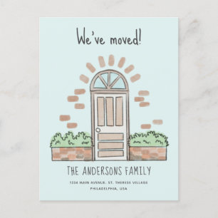 Watercolor Brown Door Playful We've Moved Blue Announcement Postcard