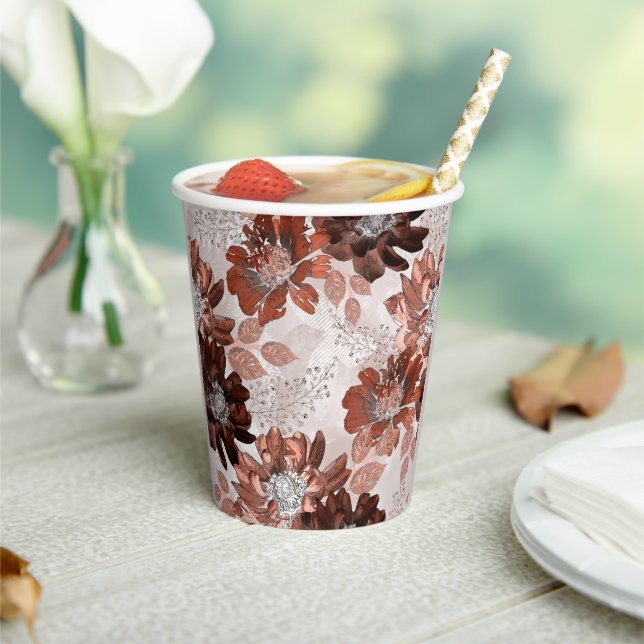 Watercolor brown grey floral pattern. paper cups (Insitu)