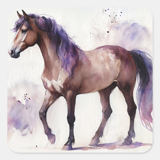 Watercolor Brown Horse With Purple Square Sticker (Front)