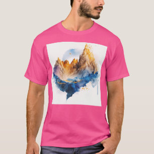 Watercolor Brown-Orange Mountains And A Navy Blue T-Shirt