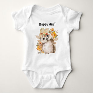 Watercolor Brown Owl with Green Leaves Background Baby Bodysuit