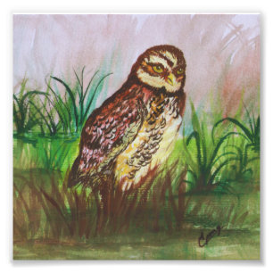 Watercolor Brown Owl with Green Leaves Background Photo Print