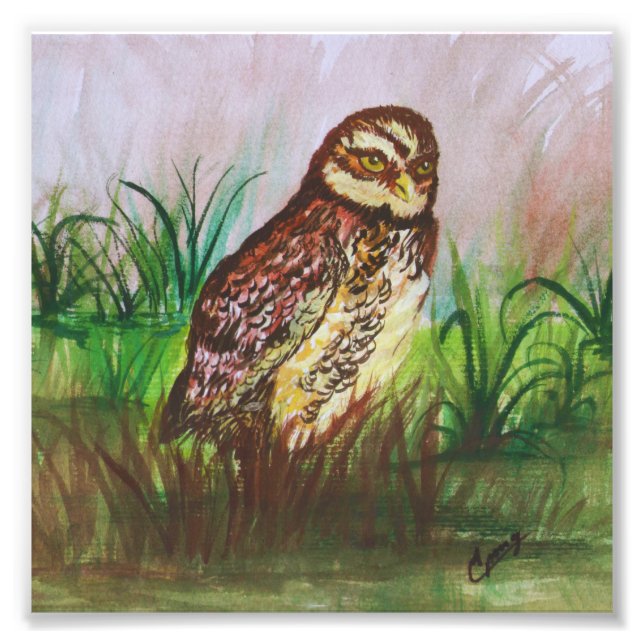 Watercolor Brown Owl with Green Leaves Background Photo Print (Front)
