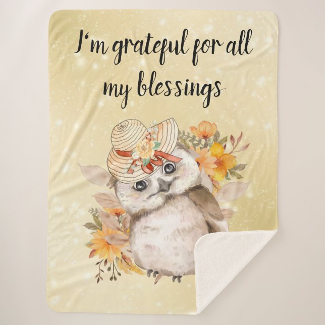 Watercolor Brown Owl with Green Leaves Background Sherpa Blanket (Front)