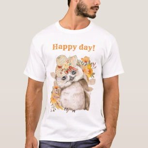 Watercolor Brown Owl with Green Leaves Background T-Shirt