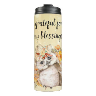 Watercolor Brown Owl with Green Leaves Background Thermal Tumbler