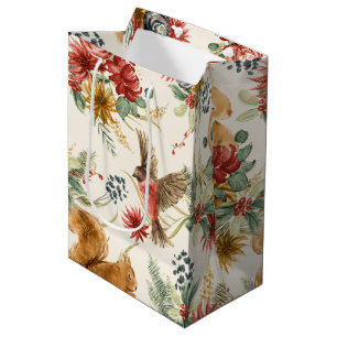 Watercolor Brown Pink Woodland Animals Pattern Medium Gift Bag