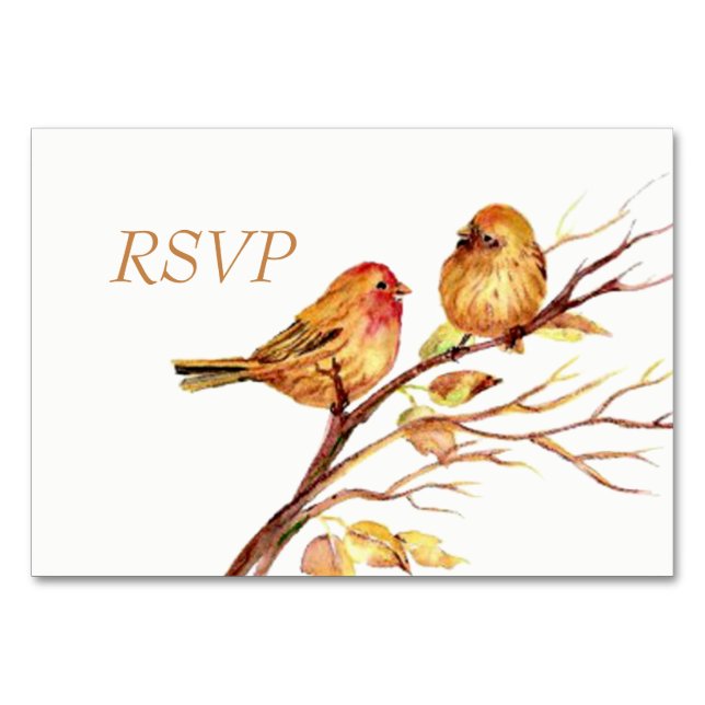 Watercolor Brown Red Birds RSVP Table Number (Front)