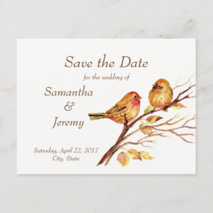 Watercolor Brown Red Gold Birds Save the Date Announcement Postcard