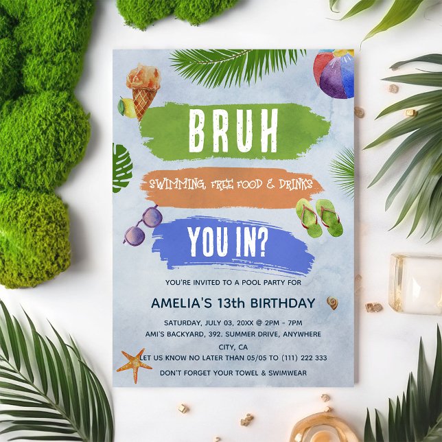 Watercolor Bruh Boy Pool Party Birthday Invitation (Creator Uploaded)