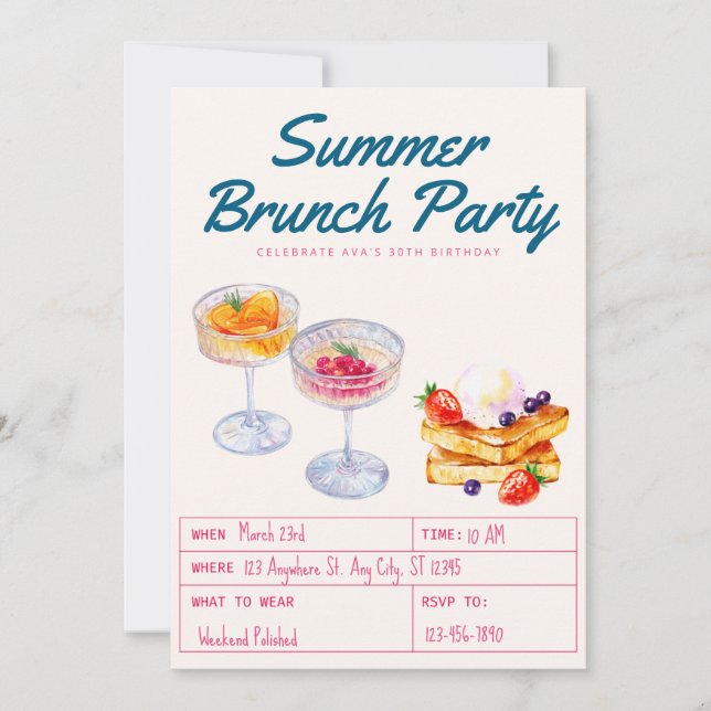 Watercolor Brunch Party Adult Birthday  Invitation (Front)