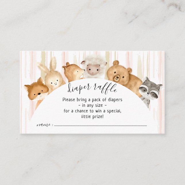 Watercolor Brush Forest Baby Animals Diaper Raffle Enclosure Card (Front)