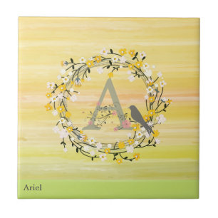 Watercolor Brush Lines, Spring Wreath Monogram Tile