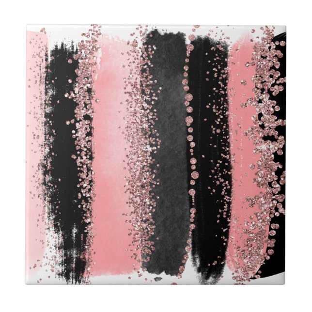 Watercolor Brush Strokes Rose Gold Faux Glitter Tile (Front)