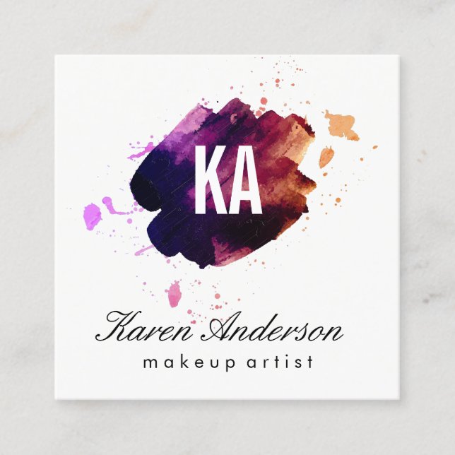 Watercolor brushed / Monogram Square Business Card (Front)