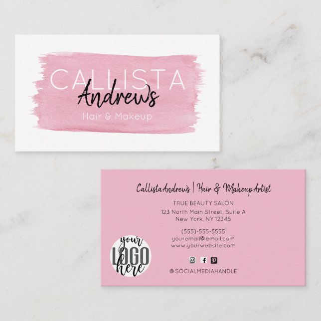 Watercolor Brushstroke Signature Script Salon Business Card (Front/Back)