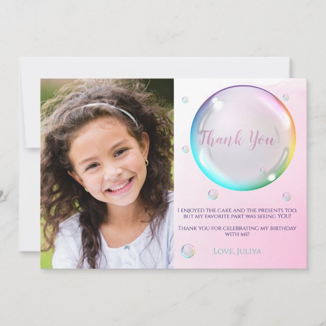 Watercolor bubble photo Birthday Thank You Card (Front)