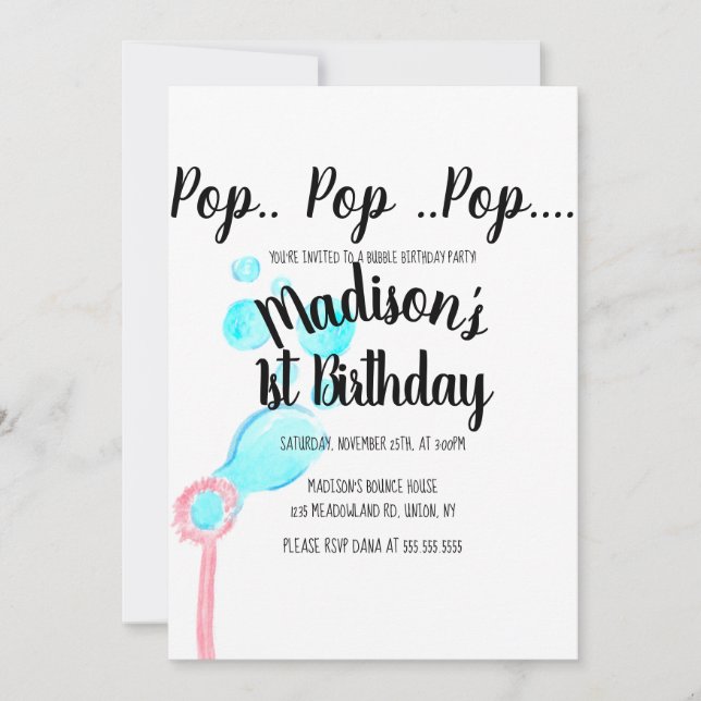 Watercolor Bubble Wand Pop Pop Pop Birthday Invitation (Front)