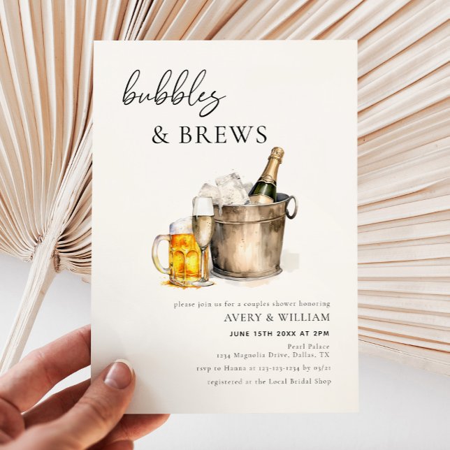 Watercolor Bubbles & Brews Couples Bridal Shower Invitation (Creator Uploaded)