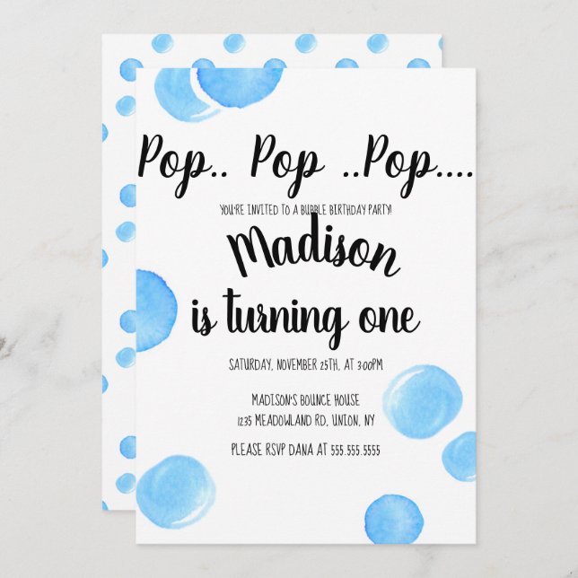 Watercolor Bubbles Pop Pop Pop Birthday  Invitation (Front/Back)