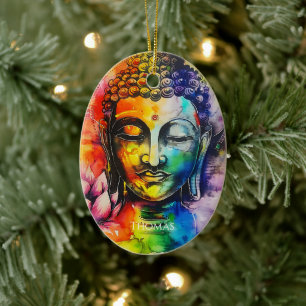 Watercolor Buddha Rainbow Personalised Name  Ceramic Tree Decoration
