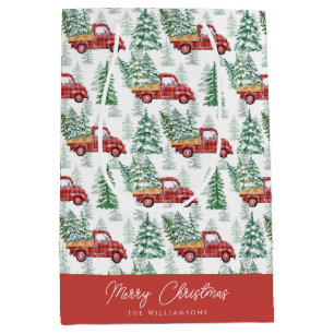 Watercolor Buffalo Plaid Vintage Truck Christmas Medium Gift Bag