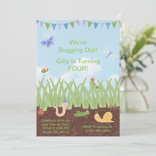 Watercolor Bug Themed Birthday Invite for Kids (Standing Front)