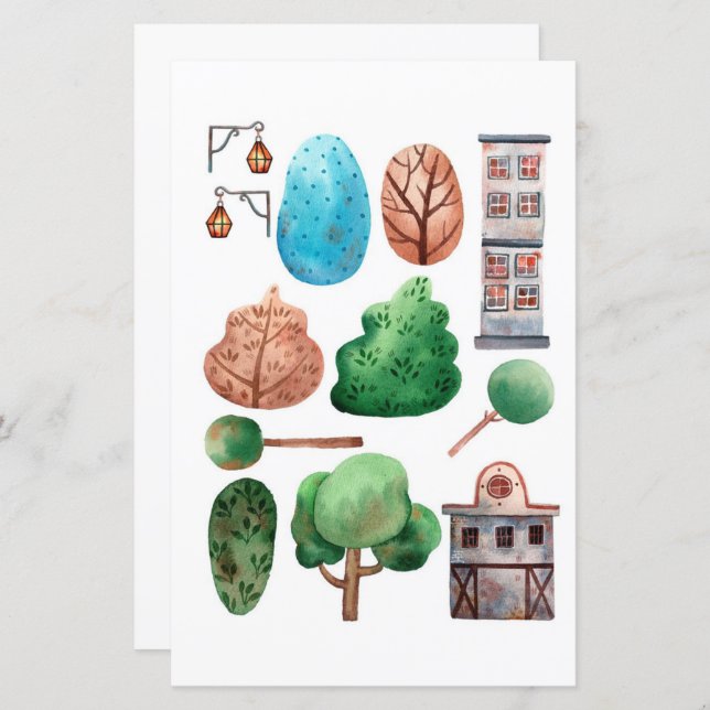 Watercolor buildings trees to cut out and collage (Front/Back)