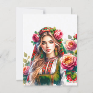 Watercolor Bulgarian Roses & Folk Woman Ethnic  Postcard
